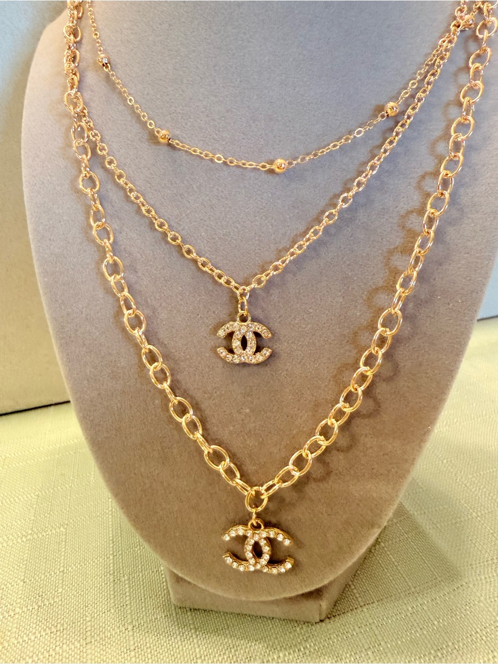 Gold-Tone Layered Pendant Necklace Set with Crystal CC Motifs